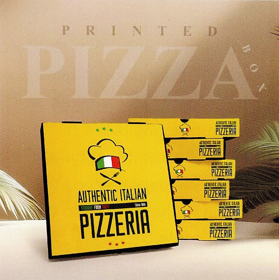 Printed yellow pizza boxes